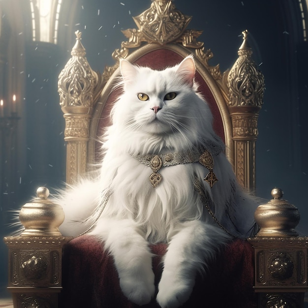 Lindo gato blanco rey animal con corona en la silla del trono Arte generado por IA