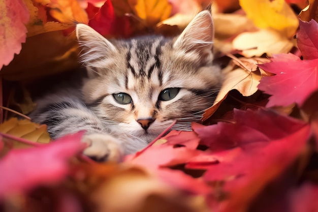 Lindo gato en el bosque de otoño a la luz del sol AI