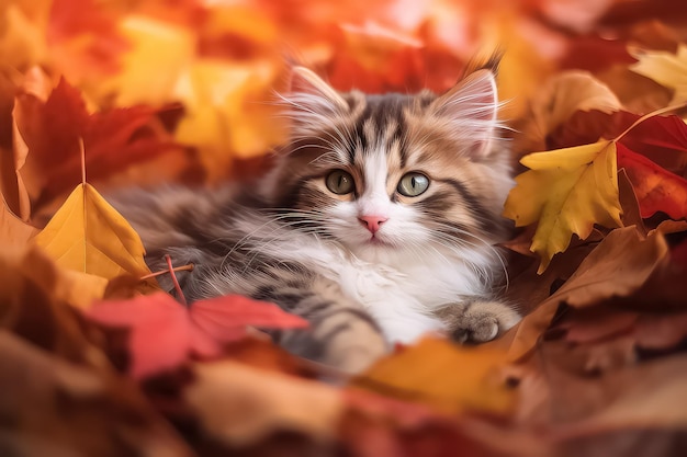 un lindo gato en el bosque de otoño a la luz del sol