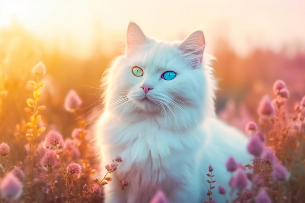 Lindo gato branco fofo com olhos bicolores no fundo da luz do sol Ilustração generativa de IA