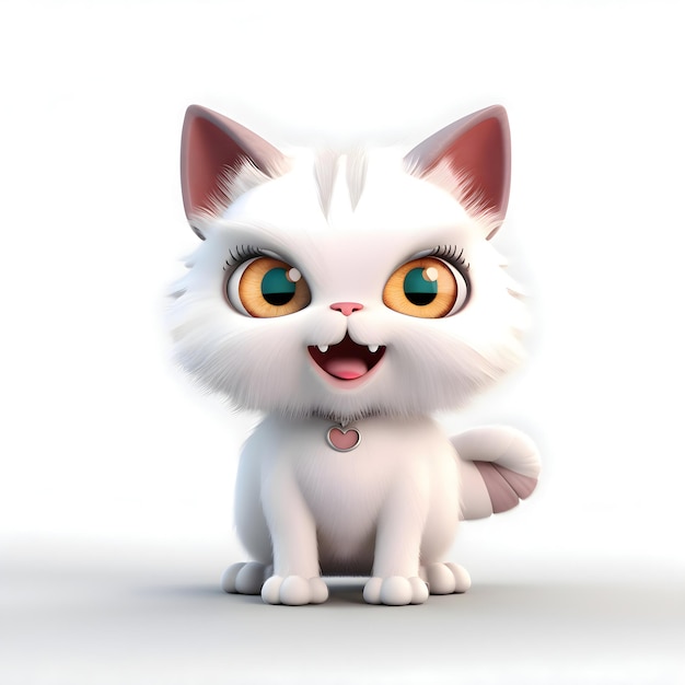 Lindo gato branco isolado na renderização em 3D de fundo branco