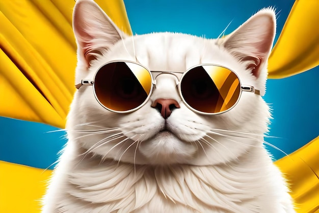 Lindo gato britânico branco usando óculos escuros em uma rede de tecido amarelo isolada em um fundo amarelo