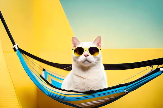 Lindo gato britânico branco usando óculos escuros em uma rede de tecido amarelo isolada em um fundo amarelo