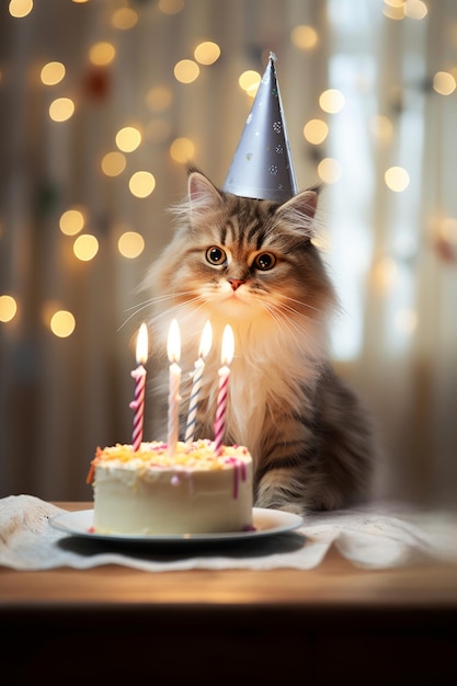 Lindo gato celebra su cumpleaños sentado en una mesa con un pastel y velas