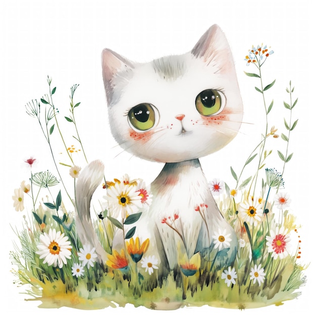 Un lindo gato en el césped, flores pastel, ilustraciones en acuarela.