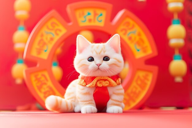 lindo gato chino del zodiaco en traje rojo con fondo chino generativo ai