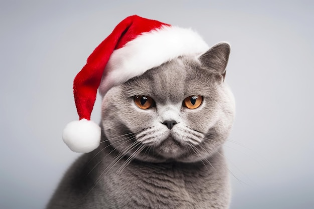 Lindo gato cinza com chapéu de Papai Noel em fundo branco Feliz conceito de Natal Generative AI