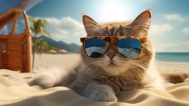 Lindo gato cinza com óculos de sol na praia