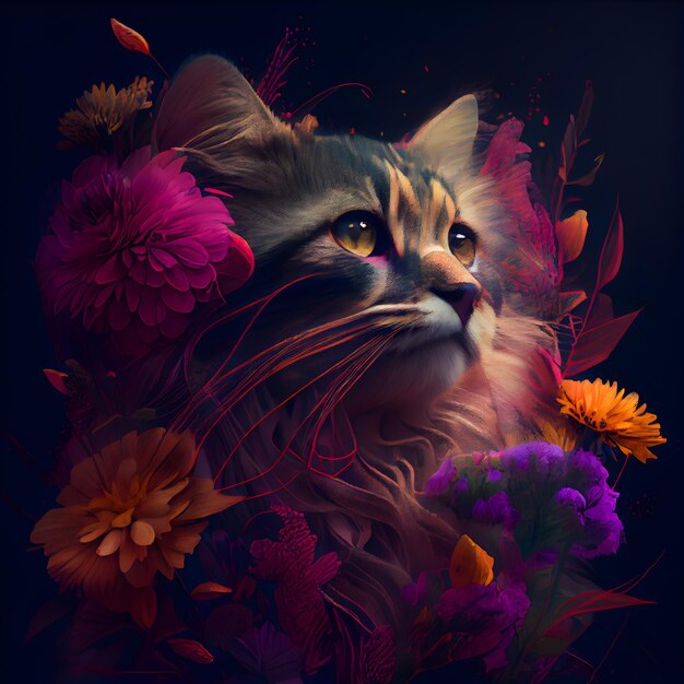 Lindo gato com flores sobre fundo escuro Pintura digital