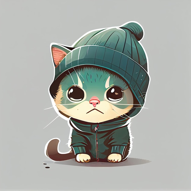 Lindo gato cómico con un gorro con suéter y choza