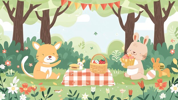 Un lindo gato y un conejo están haciendo un picnic en el bosque.