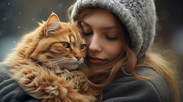 Lindo gato Un conmovedor abrazo de un amigo peludo por parte de una mujer