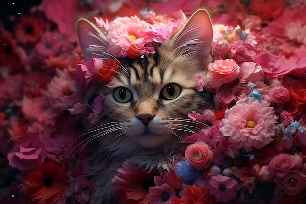 Lindo gato cubierto de rosas generado por Ai