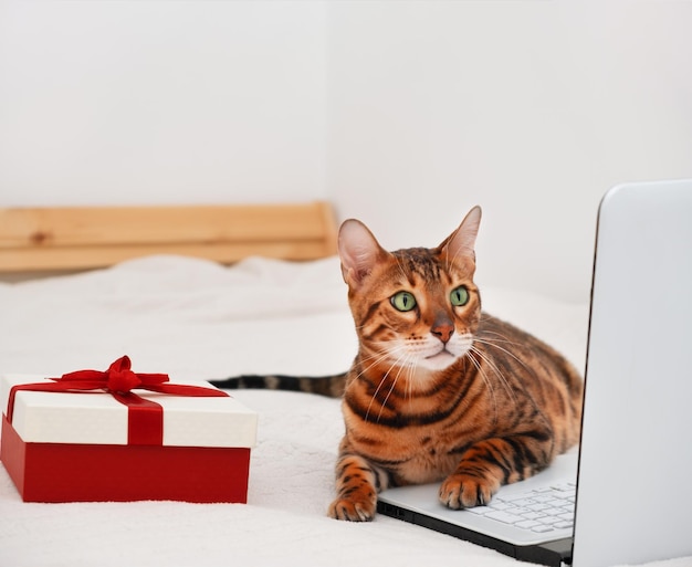 Lindo gato de Bengala deitado ao lado da caixa de presente festiva na cama, olhando para o monitor do laptop no interior branco da casa.