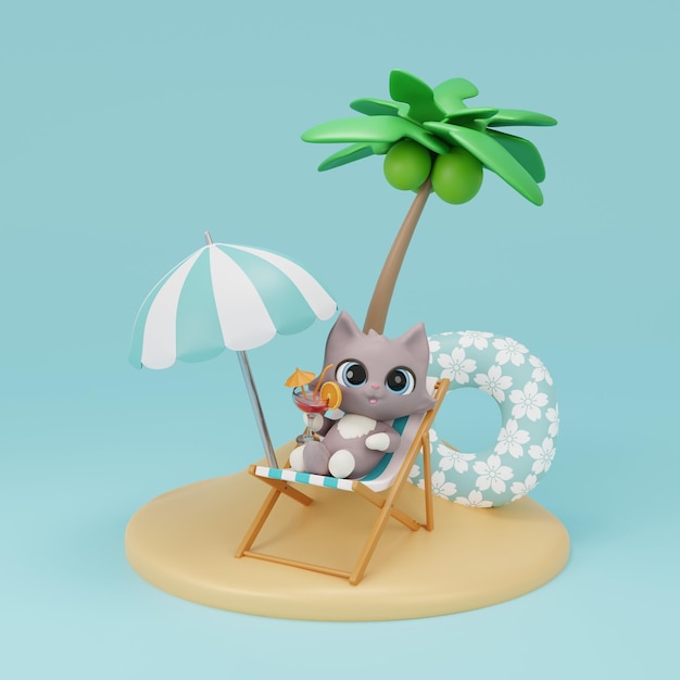 Un lindo gato de dibujos animados disfrutando de las vacaciones de verano en la playa con un cóctel