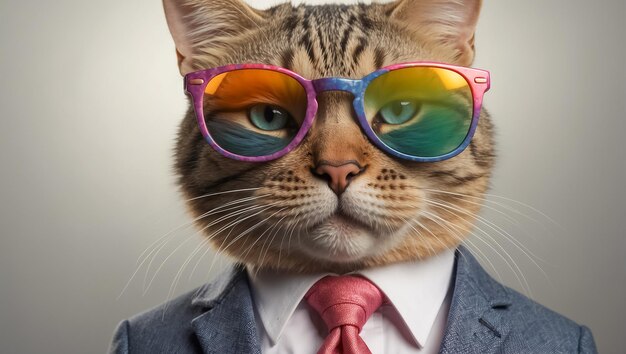 Lindo gato de dibujos animados con gafas y traje