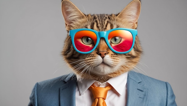 Lindo gato de dibujos animados con gafas y traje