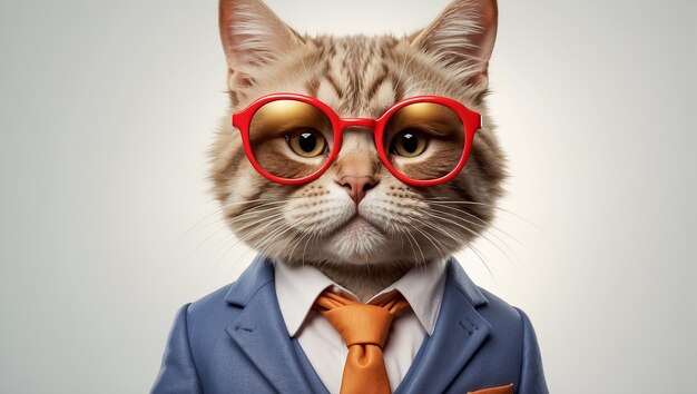 Lindo gato de dibujos animados con gafas y traje