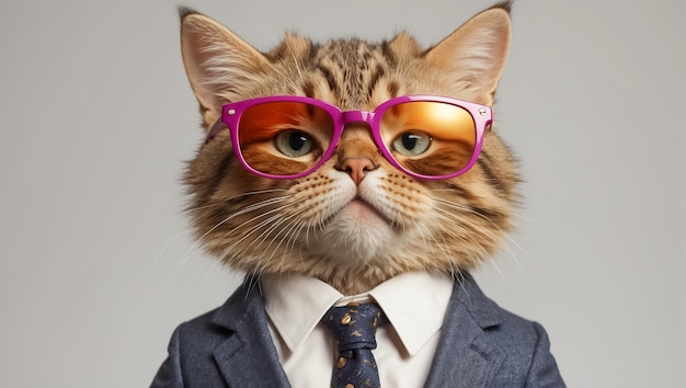 Lindo gato de dibujos animados con gafas y traje