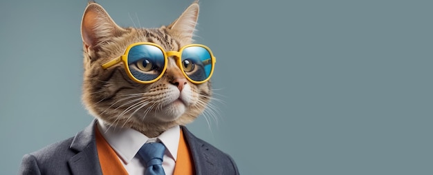 Lindo gato de dibujos animados con gafas y traje