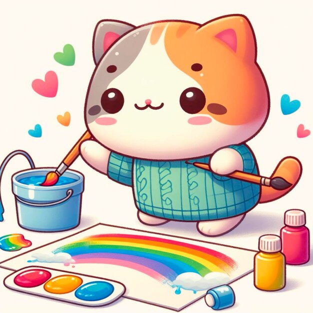 Foto el lindo gato de dibujos animados pintando un arco iris