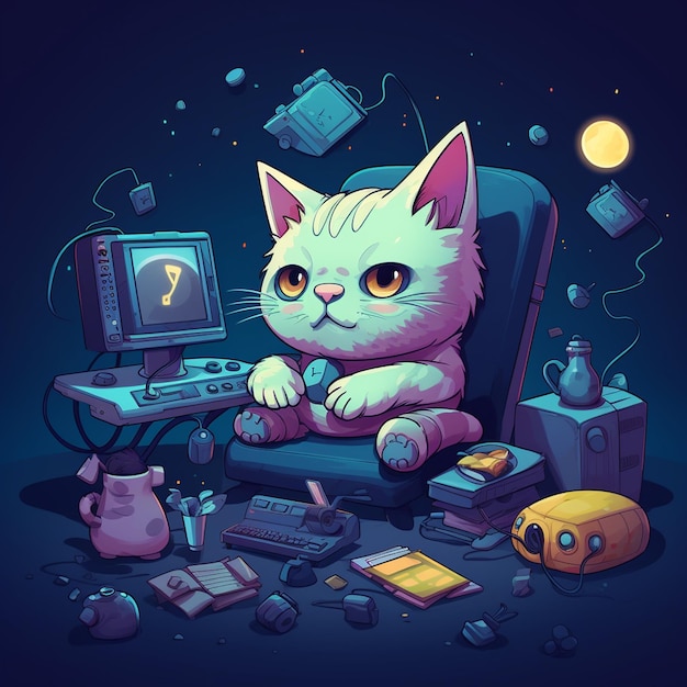 Un lindo gato de dibujos animados trabajando en una computadora portátil