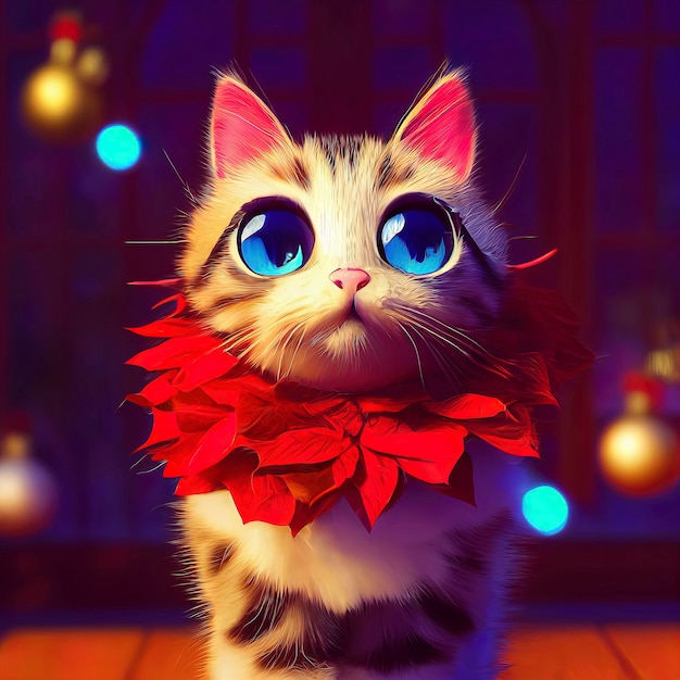 Lindo gato con disfraz de navidad gato en paisaje navideño ilustración animada