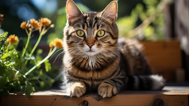 un lindo gato doméstico sentado al aire libre mirando fijamente