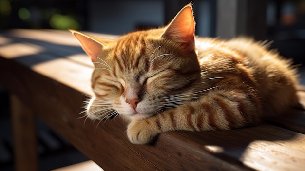 Lindo gato durmiendo tranquilamente en un banco