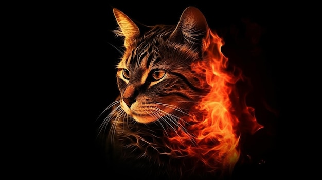 Lindo gato em chamas em um fundo preto generativo ai