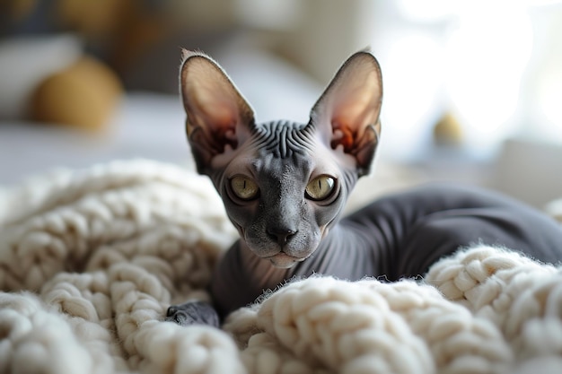 Un lindo gato esfinge de ojos amarillos manchados yace en una manta de punto gris en una cama acogedora