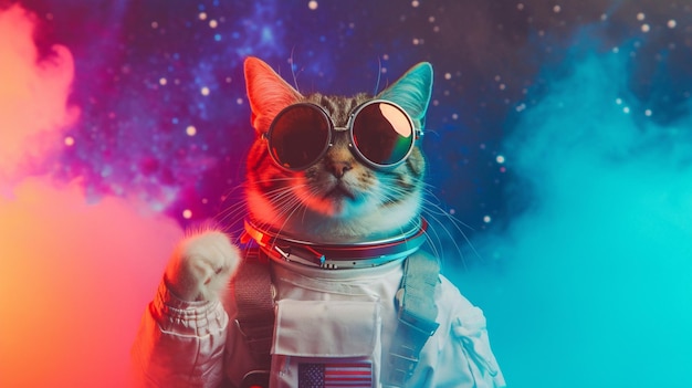 Lindo gato espacial vestido com traje de astronauta e óculos de sol em estúdio com um colorido AI Generative