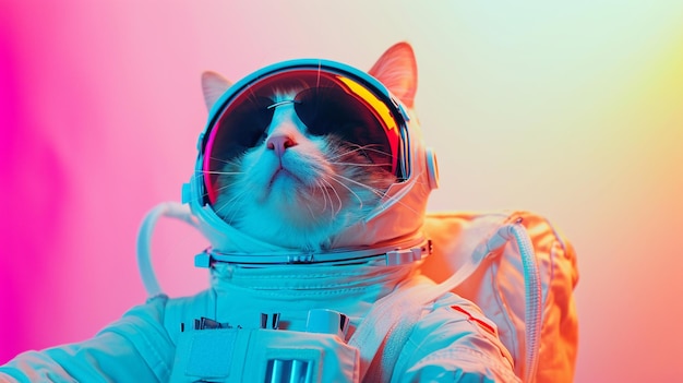 Lindo gato espacial vestido com traje de astronauta e óculos de sol em estúdio com um colorido AI Generative