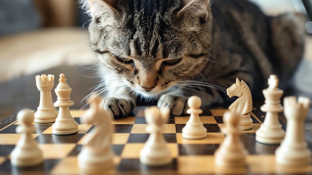 Un lindo gato está jugando al ajedrez El gato está sentado en un tablero de ajedrez y mirando las piezas El gato está muy concentrado en el juego