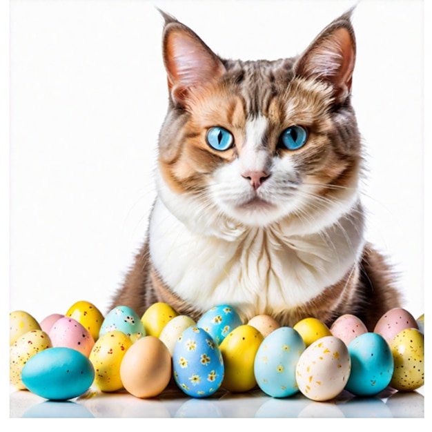 un lindo gato está sentado en medio de una pila de huevos de Pascua_ai_generado