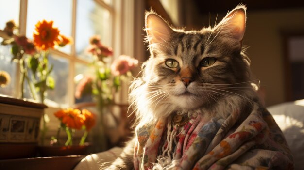 Un lindo gato está sentado en una silla frente a una ventana