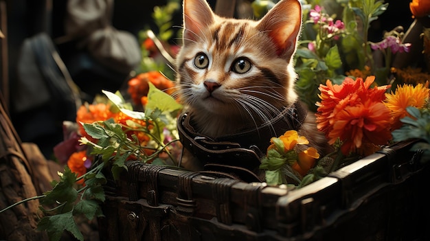 Lindo gato con flores HD 8K fondo de pantalla Fondo de pantalla Imagen fotográfica de stock