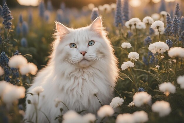 Lindo gato fofo branco com flores ao ar livre hora dourada