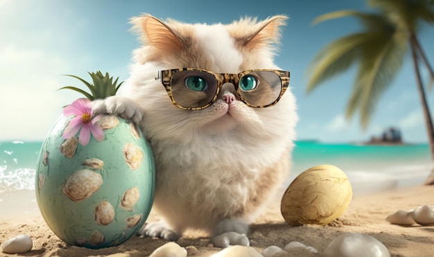 Lindo gato con gafas en la playa y sosteniendo un concepto de foto de verano de coco joven ai generativo