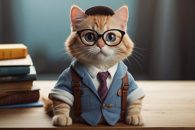 un lindo gato con gafas y ropa