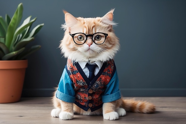 un lindo gato con gafas y ropa