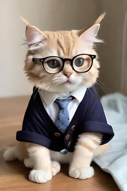 Un lindo gato con gafas y ropa