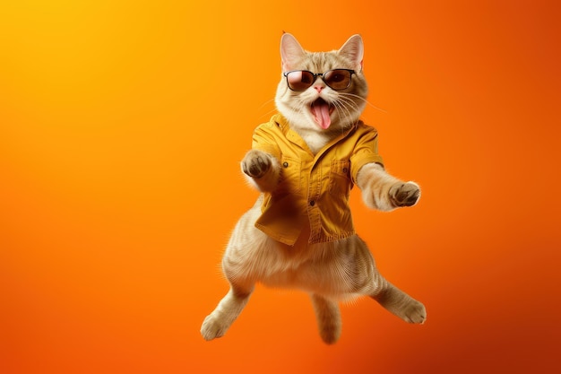 Lindo gato con gafas de sol bailando aislado sobre fondo naranja IA generativa