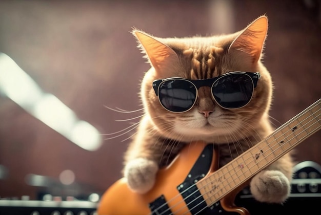 Lindo gato con gafas tocando la guitarra generativa ai