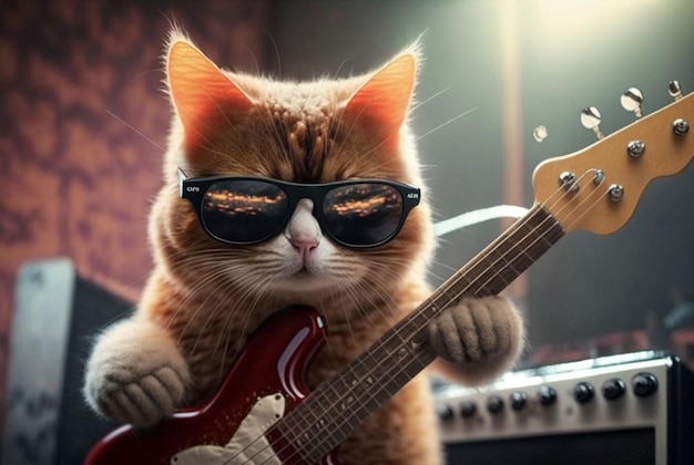 Lindo gato con gafas tocando la guitarra generativa ai