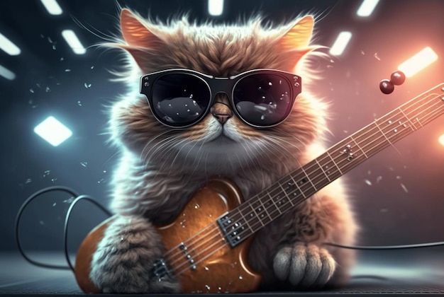 Lindo gato con gafas tocando la guitarra generativa ai
