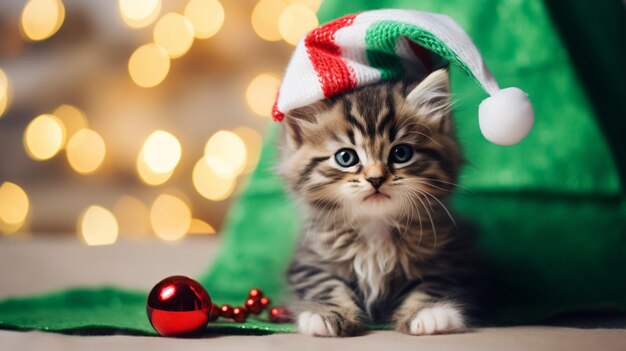 un lindo gato con gorro y bufanda navideños