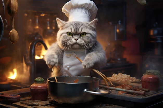 Lindo gato con gorro de chef está cocinando