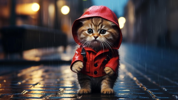 Foto un lindo gato gracioso en catato con orejas de pie en una acera en la lluvia con generativo ai