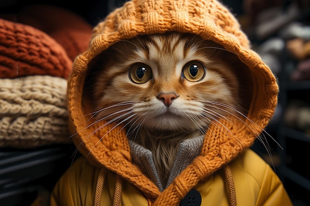 lindo gato gracioso con ropa de invierno en el probador